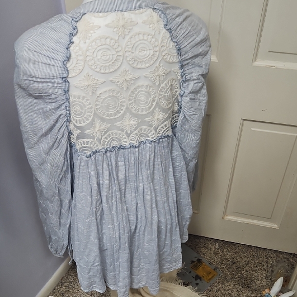 Free People Striped Blue and Cream Lace Shirt - Picture 1 of 9